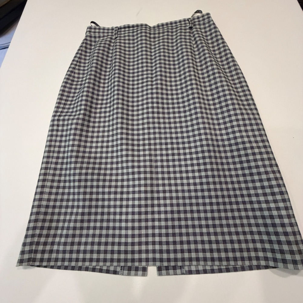 Mondi Vintage Virgin Wool Gingham Check Midi Pencil Skirt Blue White Size 40